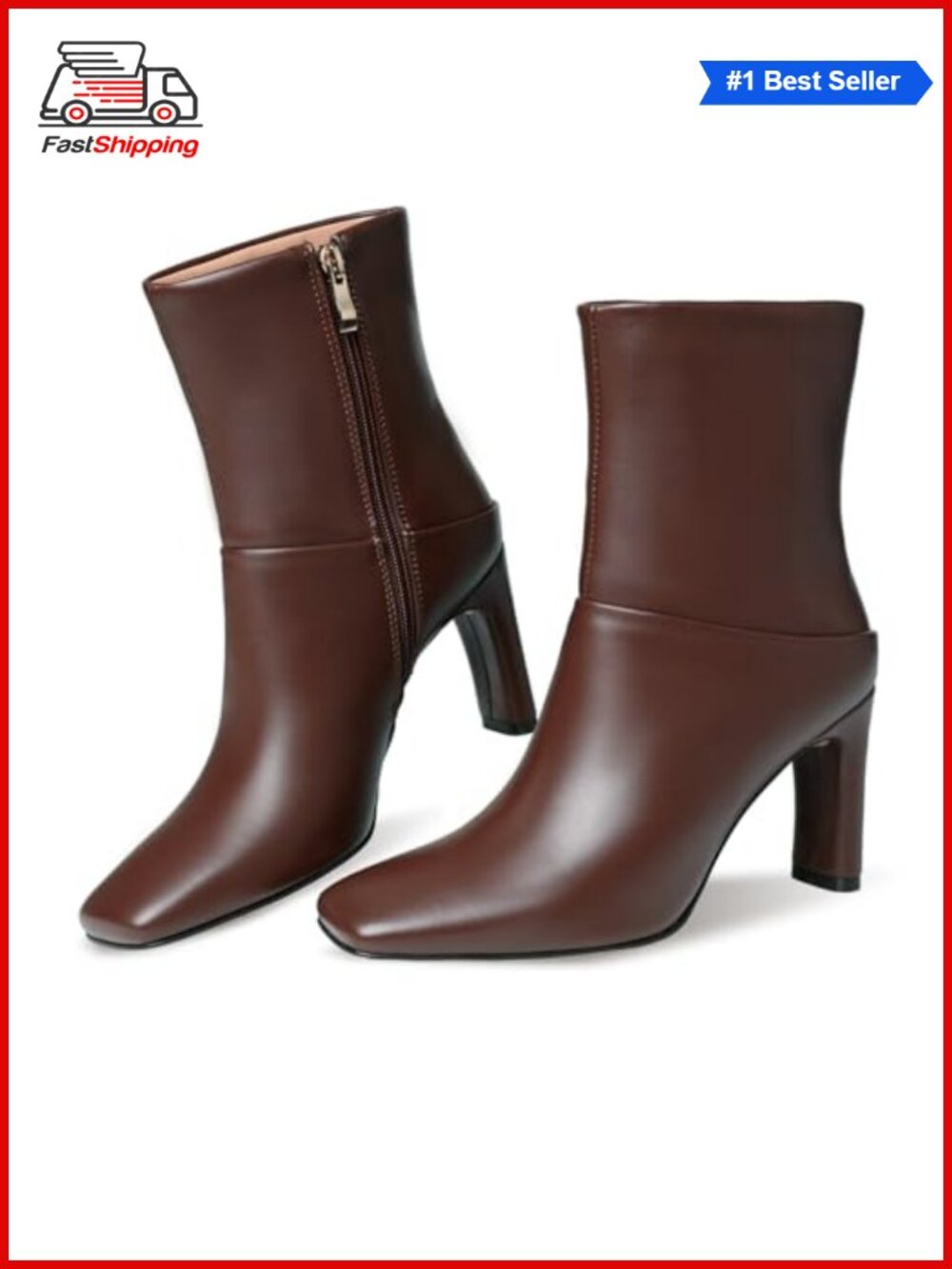 Square Toe Ankle Boots High Heel Side Zipper Booties